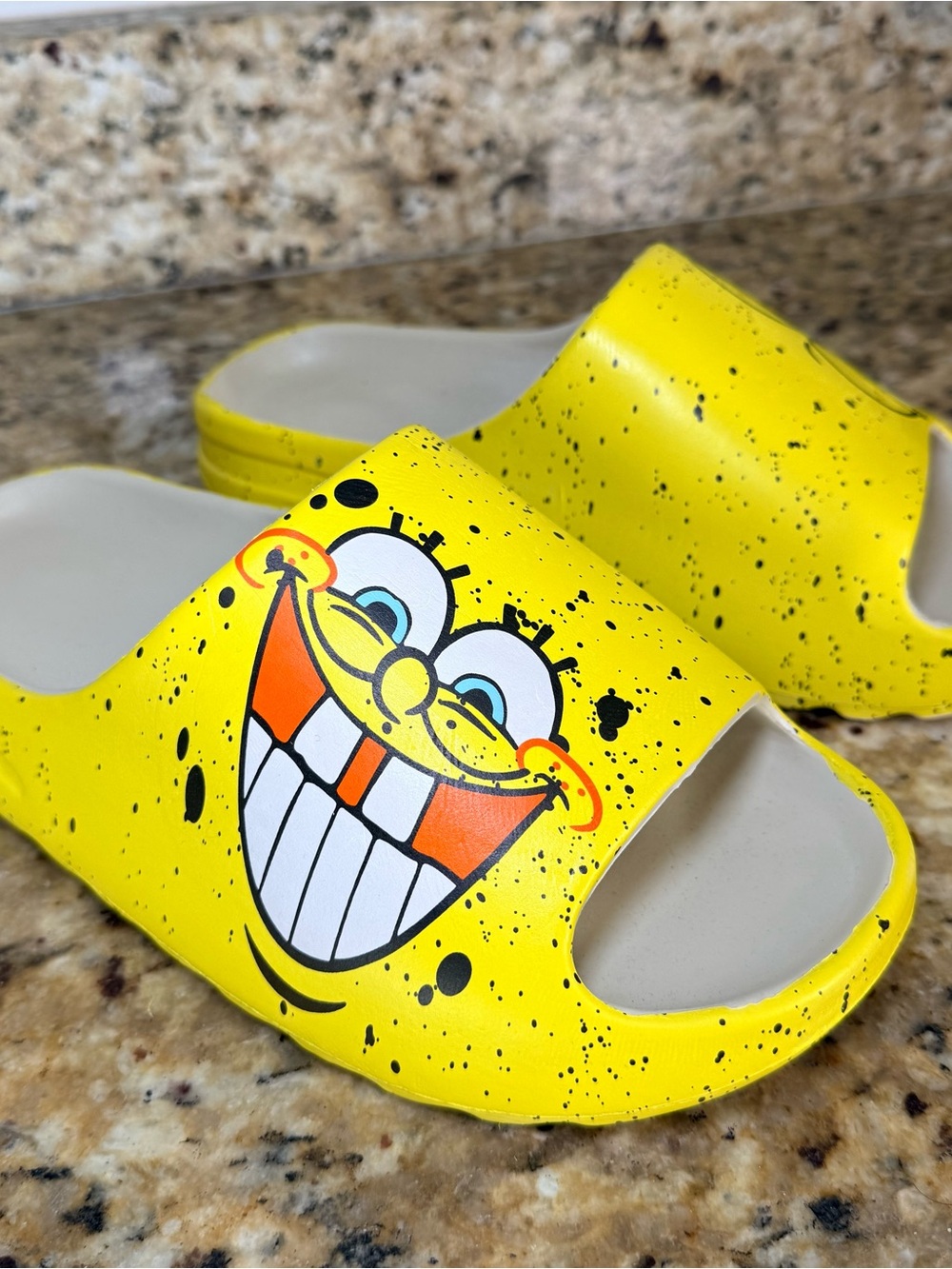 Yellow Graphic Slide Sandals with Smiling Face